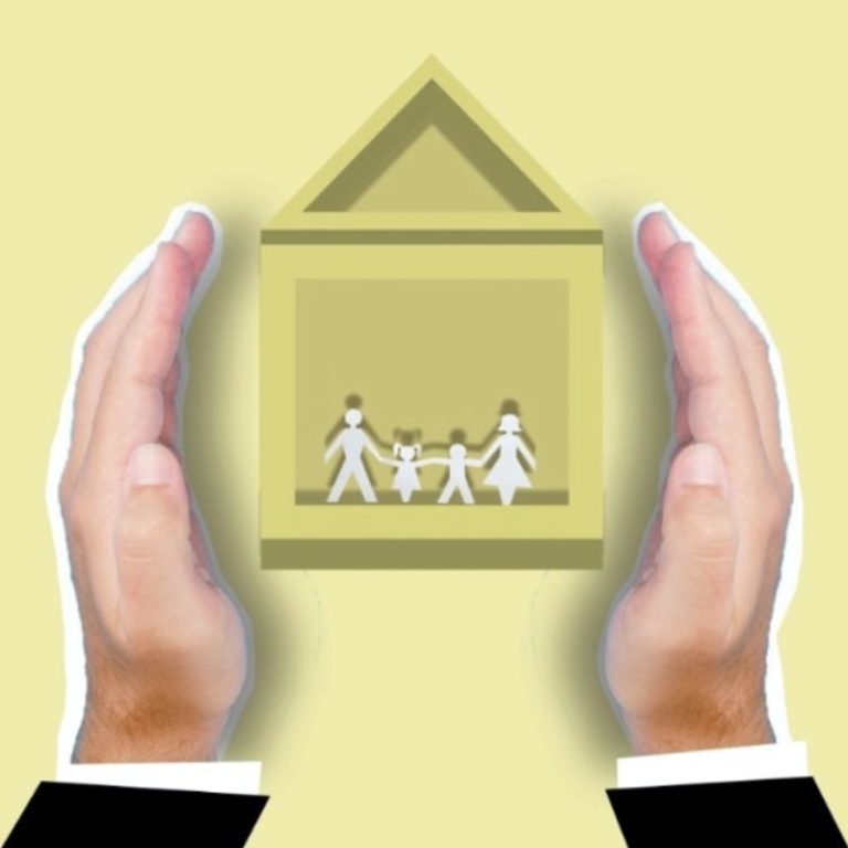 Illustration of crop person showing house with family